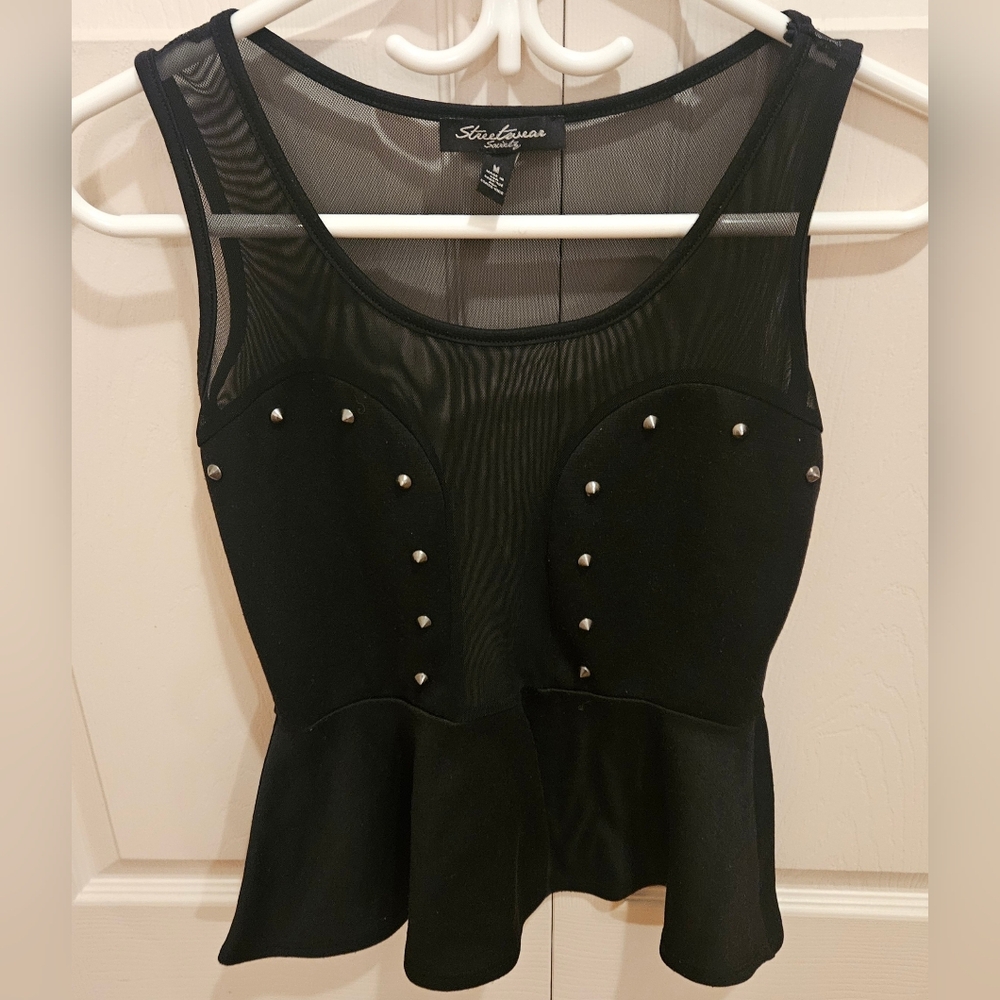 Mesh Studded Black Peplum Top by Streetwear Society